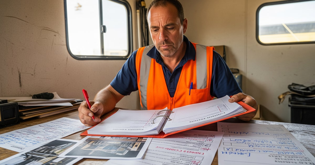 contratista anotando en una agenda