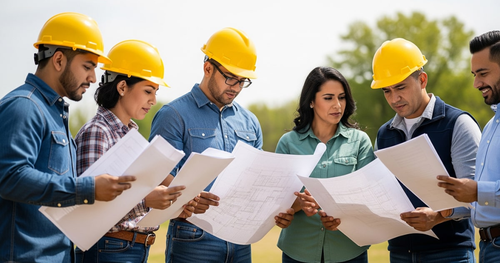 contratistas latinos leyendo planos