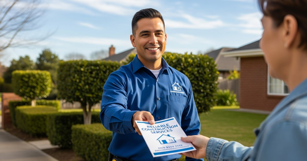 contratista latino entregando flyers