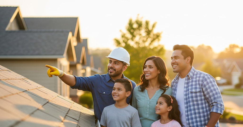 contratista latino feliz mostrando su trabajo a una familia