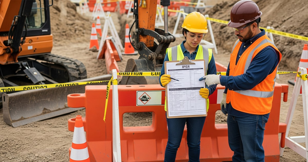 Capataz completando IPER frente a área señalizada de excavación