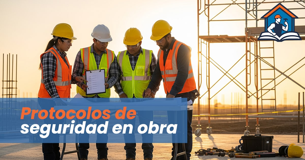 Protocolos de seguridad en obra con equipo revisando checklist antes de iniciar